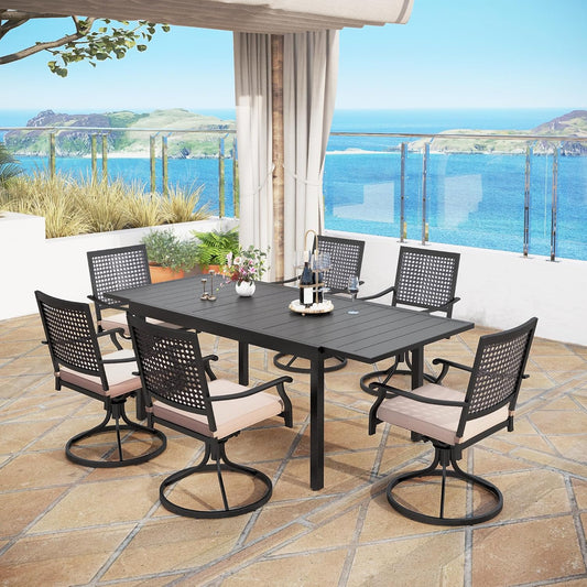 MFSTUDIO Patio Table and Chairs Set, Outdoor Dining Set for 6 with Swivel Chairs, 7 Piece Metal Patio Dining Set for Deck Backyard Poolside Garden