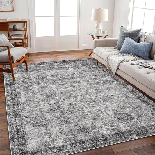 Washable Area Rug 4'x6' Traditional Floor Cover Foldable Thin Rugs Retro Kitchen Indoor Distressed Non Slip Carpet Floral Print Mat Bedroom Living Room
