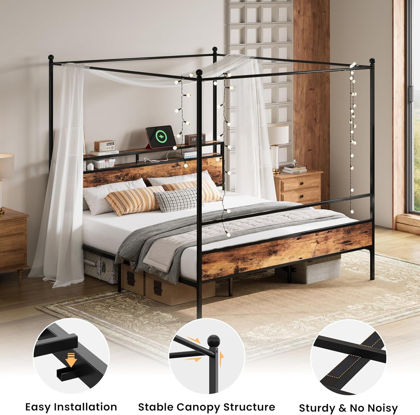LIKIMIO Canopy Bed Frame King with Storage Headboard & Charging Station, Sturdy Metal Platform Bed with 4 Removable Posts, Dual Purpose Bed Frame, No Box Spring Needed, Noise Free