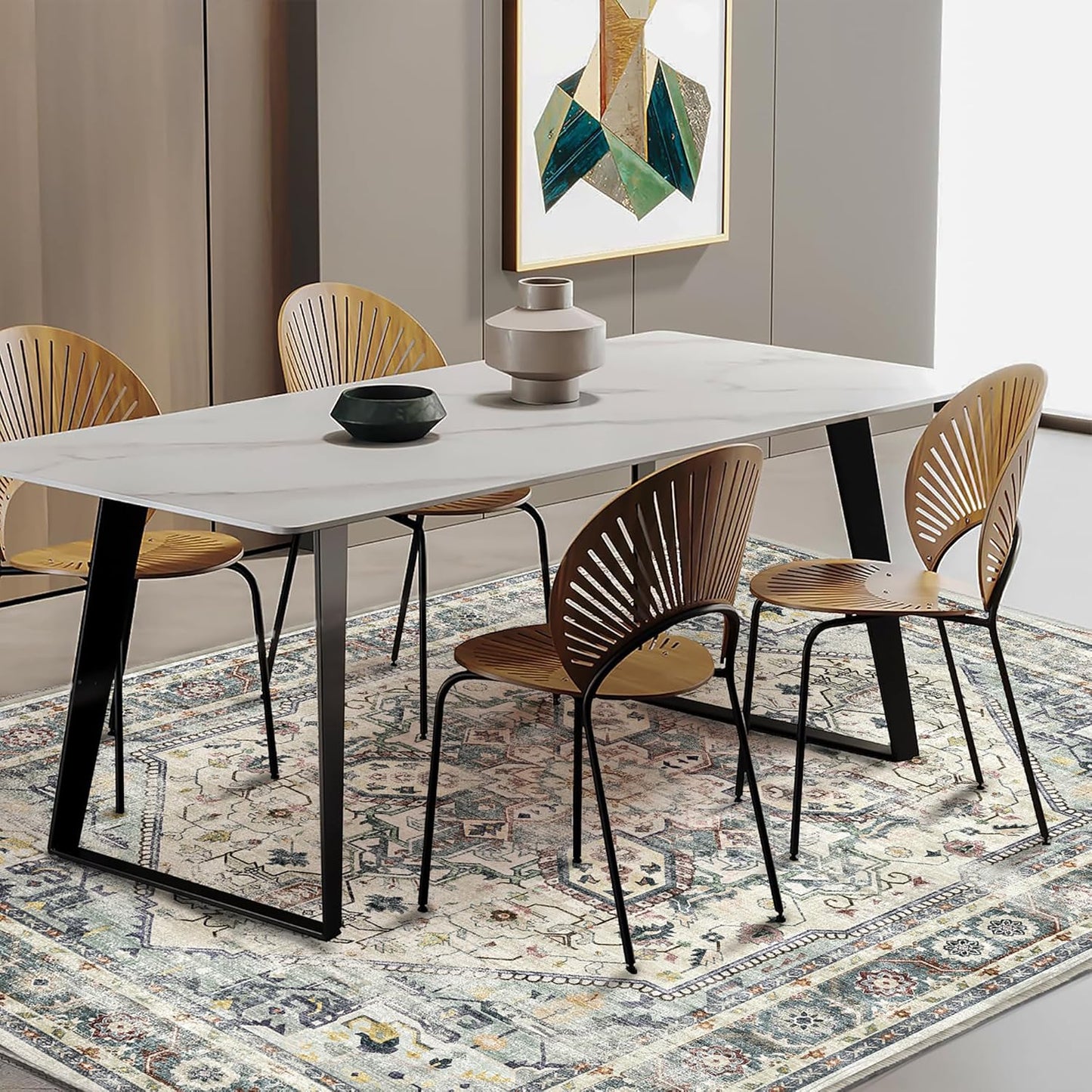 3'x5' Cyan Khaki Vintage Washable Thin Area Rug Traditional Floor Cover Foldable Indoor Distressed Non Slip Carpet Floral Print Mat Bedroom Living Room Bathroom