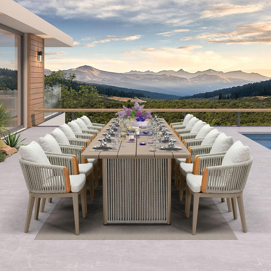 PURPLE LEAF Outdoor Dining Set of 15, Aluminum Outdoor Patio Table and Chairs Set with Olefin Cushions, Patio Furniture Set for Garden or Deck, Beige