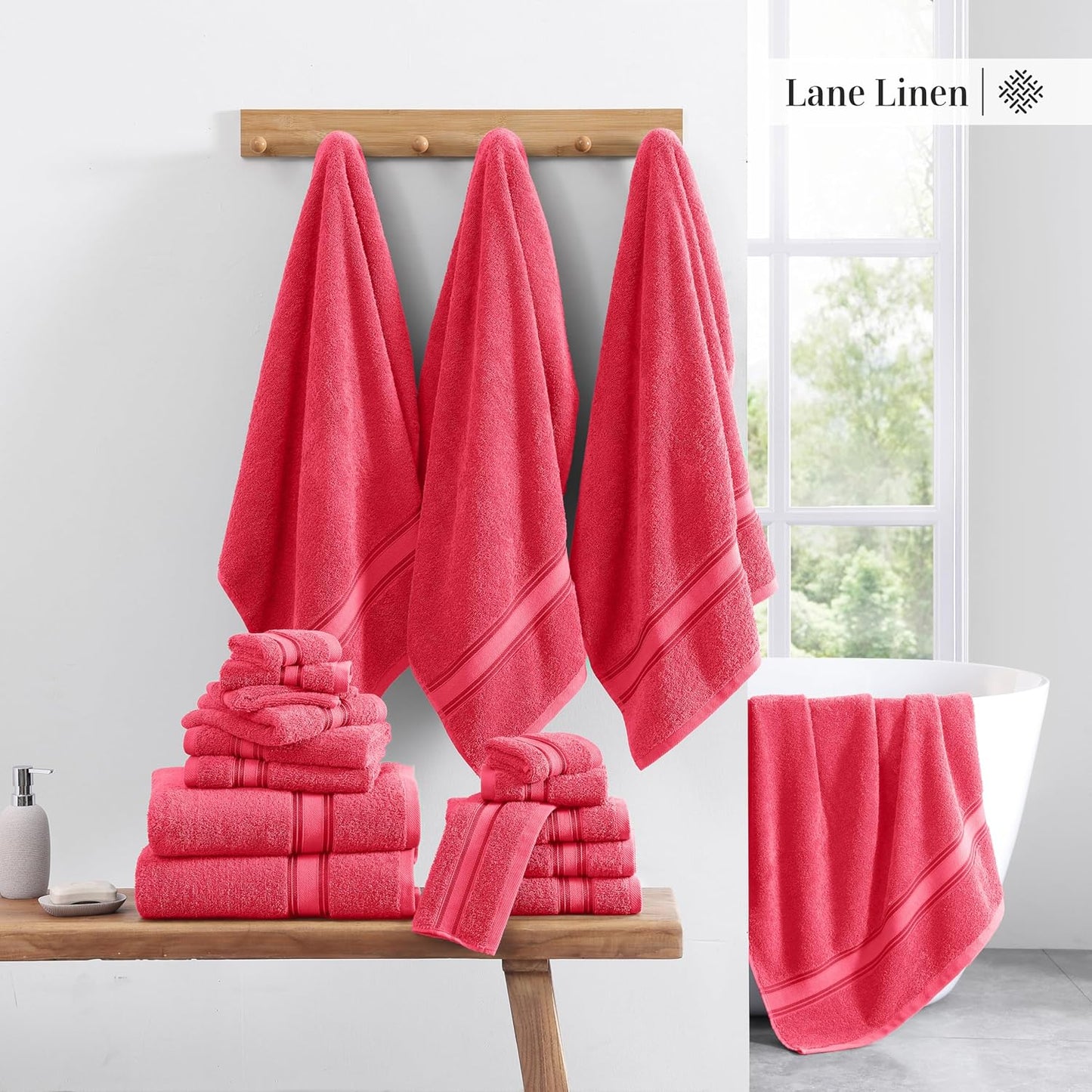 LANE LINEN 100% Mercerized Cotton Luxury Bathroom Towel Set - 18 Pcs - Super Soft, Fluffy & Highly Absorbent - 6 Bath Towels, 6 Washcloths, 6 Hand Towels - Pre Shrunk, Pet Friendly - Honeysuckle
