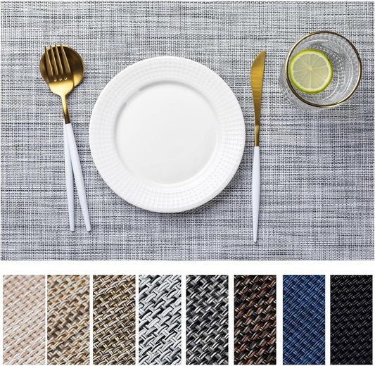 LEXMORE PlaceMats Set of 12 Vinyl/Plastic Woven Place Mats for Kitchen Table Indoor/Outdoor Washable PlaceMat Wipeable Dining Table Mats(Gray)
