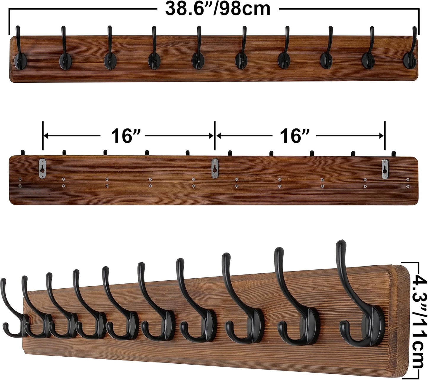 SKOLOO Rustic Wall Mounted Coat Rack, Case of 2, Pine Solid Wood Coat Hook Hanger - 10 Hooks for Hanging Clothes Robes Towels Coats