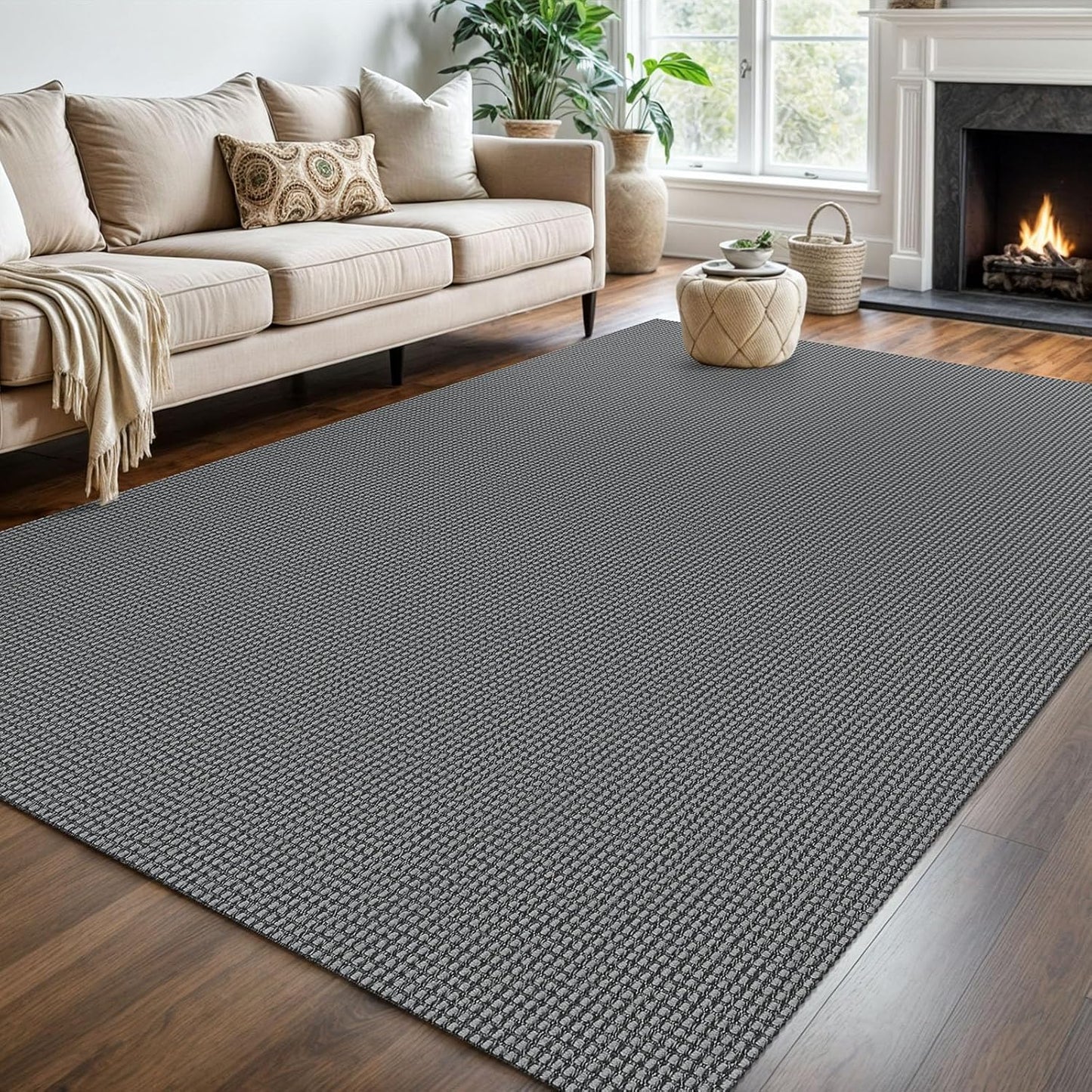 KOZYFLY Washable Area Rug 6x9 ft Rubber Backed Non Slip Rugs for Living Room Braided Cotton Bedroom Rug Woven Office Rugs Indoor Floor Carpets for Dining Bedroom Living Room, Grey/Dark Grey