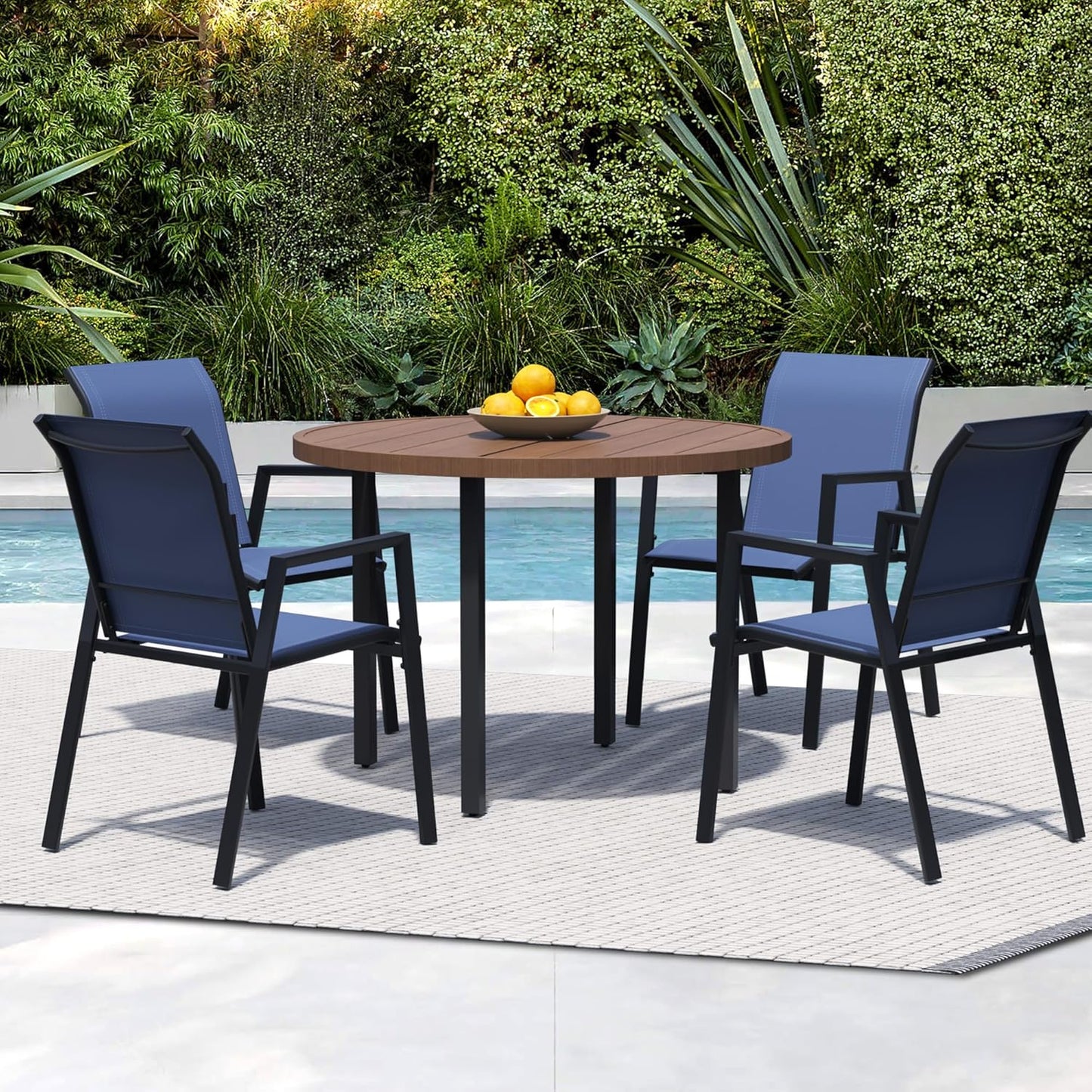 5 Piece Outdoor Dining Set, Patio Table and Chairs Set of 4, 42" Walnut Round Patio Table with 4 Blue Stackable Patio Chairs for Lawn, Garden, Porch