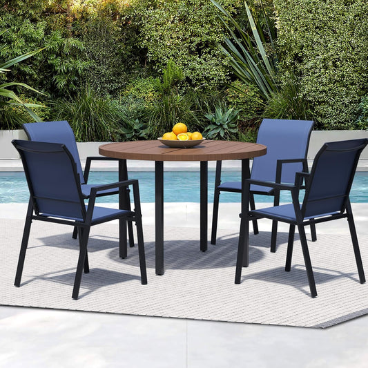 5 Piece Outdoor Dining Set, Patio Table and Chairs Set of 4, 42" Walnut Round Patio Table with 4 Blue Stackable Patio Chairs for Lawn, Garden, Porch