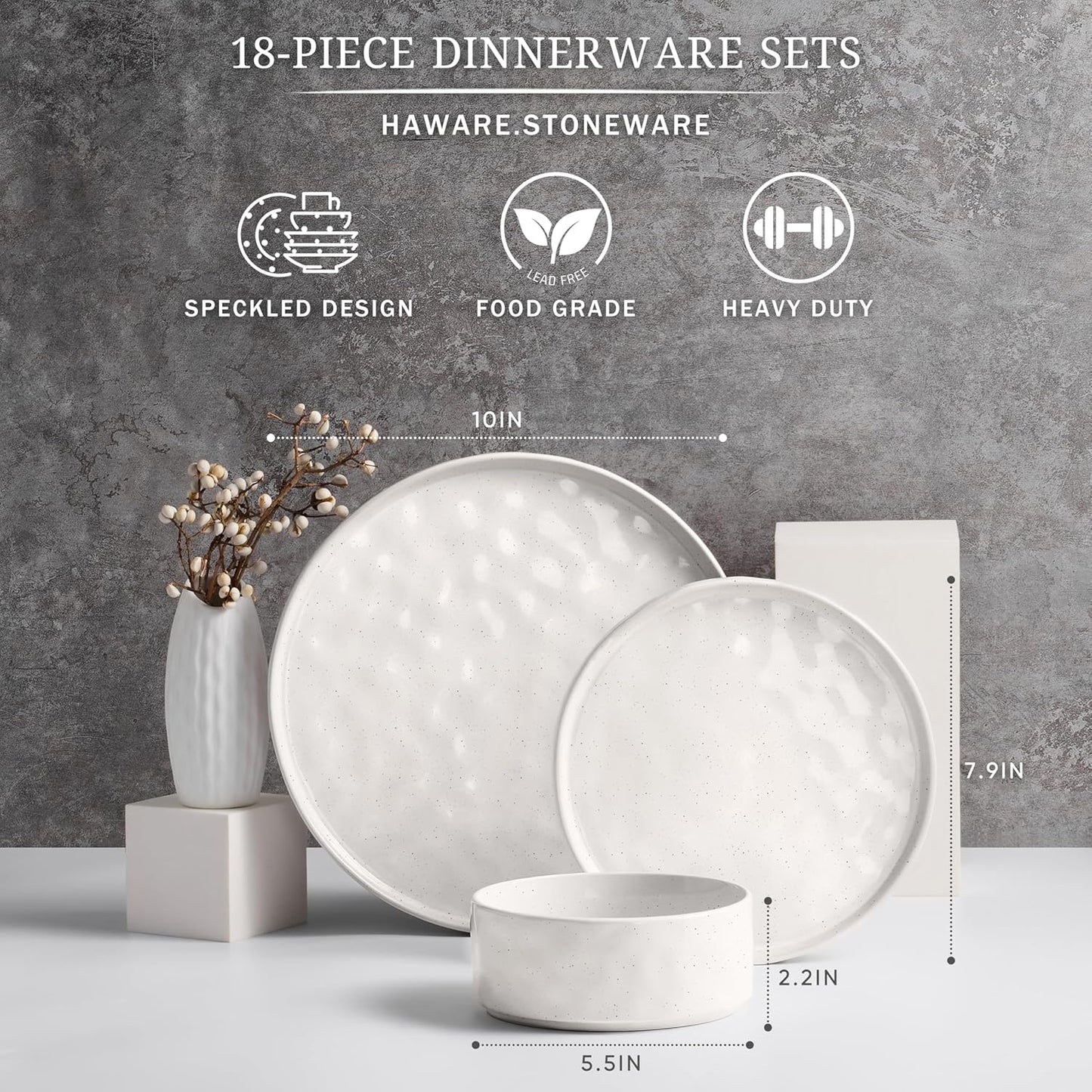 HaWare Dinnerware Sets, 18-Piece Plates and Bowls Set, Stoneware Dish Set for 6, Ceramic Dinnerware for Home Restaurant, Chip and Scratch Resistant, Microwave and Dishwasher Safe, Speckled White
