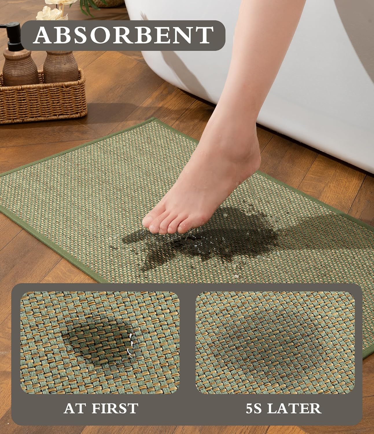 YIHOUSE Bathroom Rugs Sets 5 Pieces, Green Ultra Thin Bath Mats Fit Under Door, Absorbent Quickly Dry Rubber Backing Braided Bath Mat Set, Non Slip Washable Bath Rugs for Bathroom Floor, Green