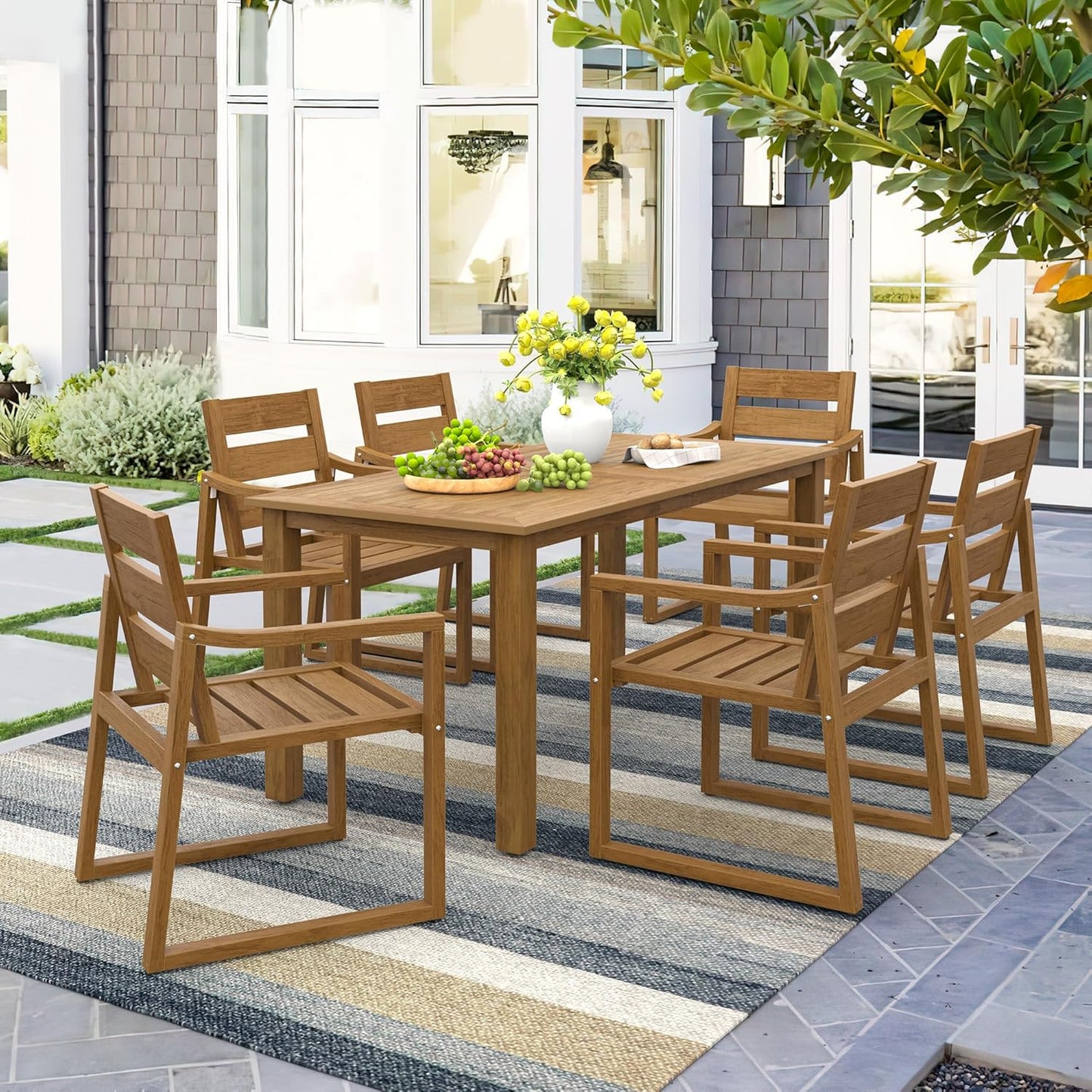 Patio Furniture Dining Set, 7-Piece, HDPS, Teak Color-Oil Printed, All Weather Outdoor Table and Chairs, Modern Design, Low Maintenance, Easy to Assemble