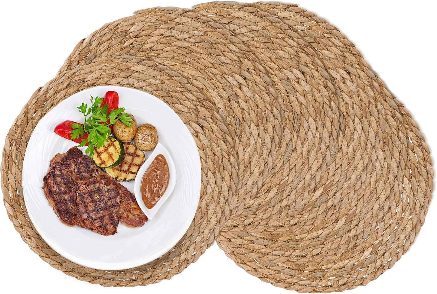 GENMOUS Woven Placemats Set of 6, 13.5" Round Placemats Natural Water Hyacinth Boho Placemats,Farmhouse Rattan Chargers for Dinner Plates,Rustic Braided Wicker Table Mats for Dining Table,Home,Wedding