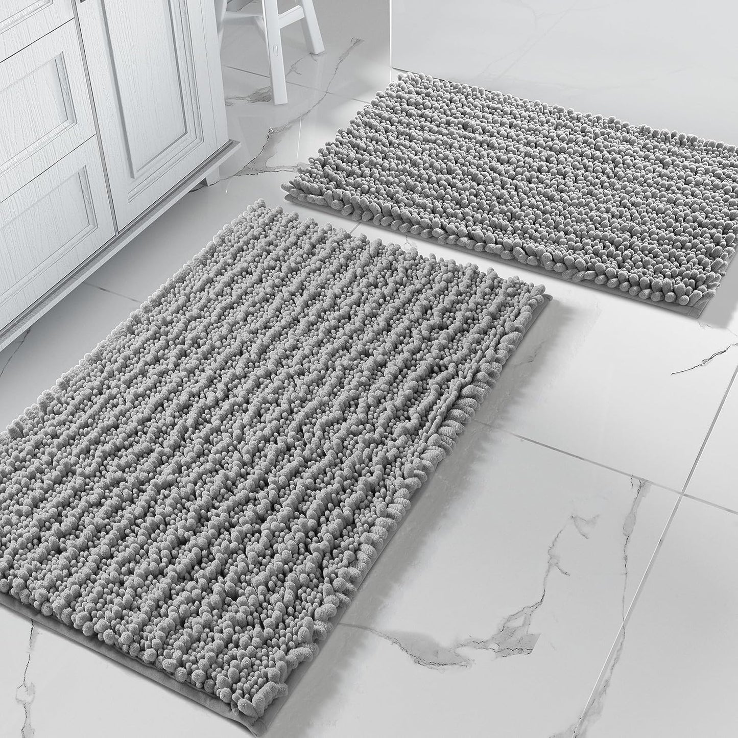 Yimobra Bathroom Rugs Sets 2 Piece - Quick Dry Extra Thick Luxury Chenille Bath Mat, Non Slip Super Absorbent for Tub Shower Sink, Machine Washable Shaggy Floor Mat, 32"x20"+24"x17" Inch, Grey
