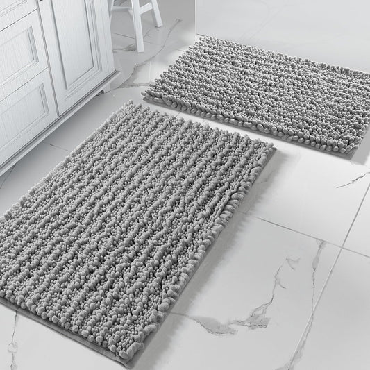 Yimobra Bathroom Rugs Sets 2 Piece - Quick Dry Extra Thick Luxury Chenille Bath Mat, Non Slip Super Absorbent for Tub Shower Sink, Machine Washable Shaggy Floor Mat, 32"x20"+24"x17" Inch, Grey