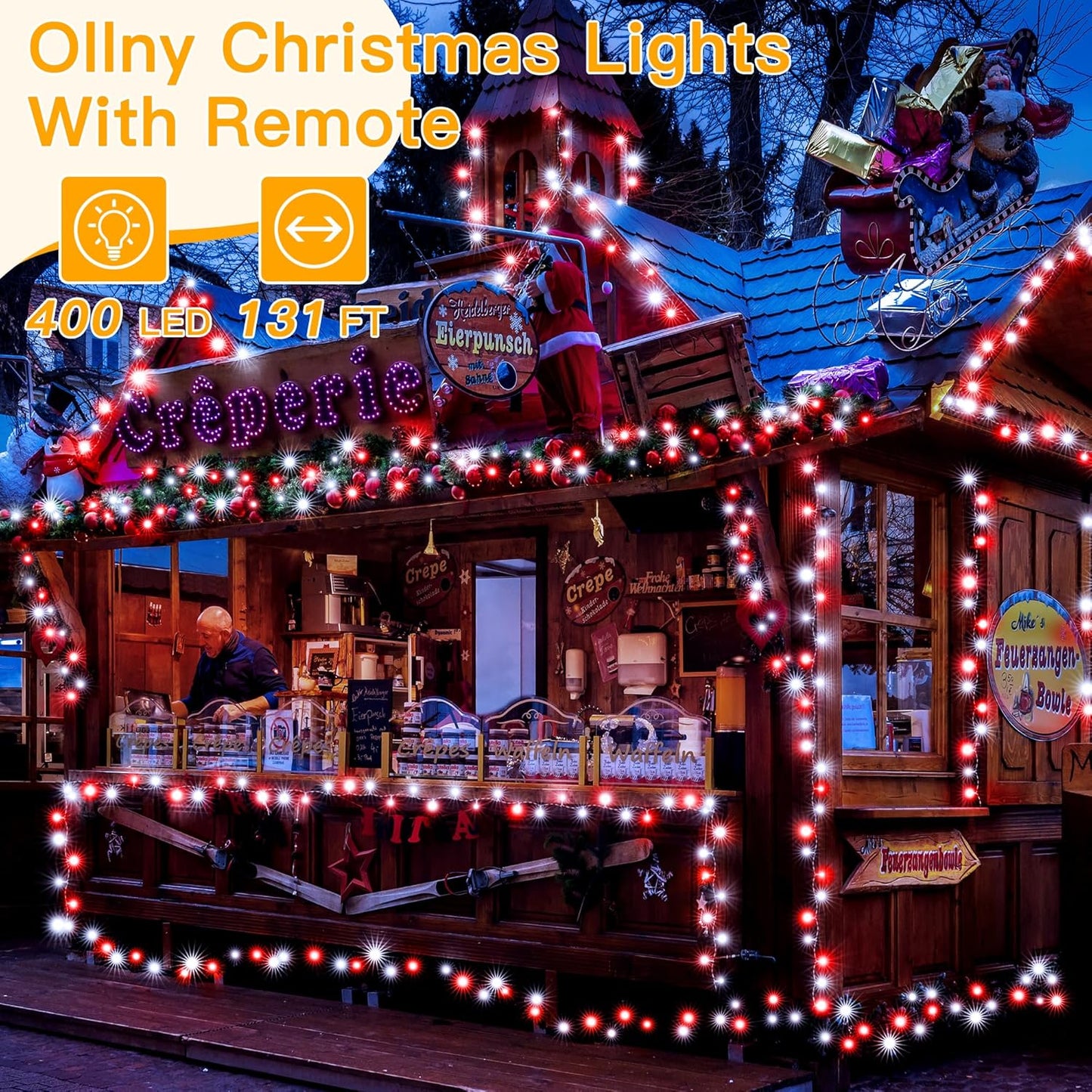 Ollny Red and White Christmas Lights Waterproof, 400LED 131FT String Lights with Remote 3 Timer, Plug in 8 Modes Fairy Light for Xmas Tree Indoor Bedroom House Party Wedding Decorations