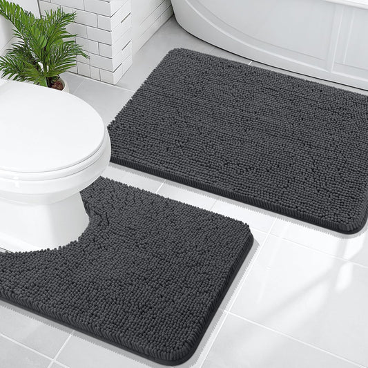 OLANLY Bathroom Rugs Sets 2 Piece, Soft Absorbent Chenille Bath Mats and U-Shaped Contour Toilet Mat Area Rug Set, Machine Washable Bath Carpet, Home Decor Accessories(30"x20"+24"x20", Dark Grey)