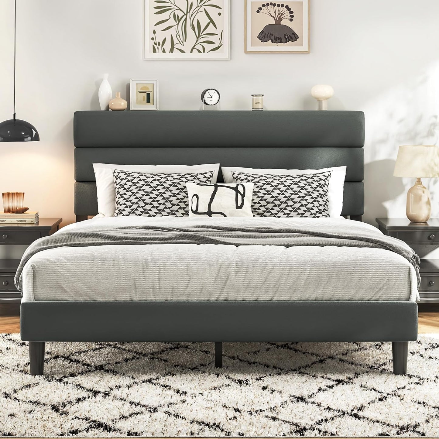 Queen Bed Frame, Platform Bed Frame with Velvet Upholstered Headboard, No Box Spring Needed, Sturdy Metal Support, Noise Free, Easy Assembly, Modern Bedroom Furniture, Grey