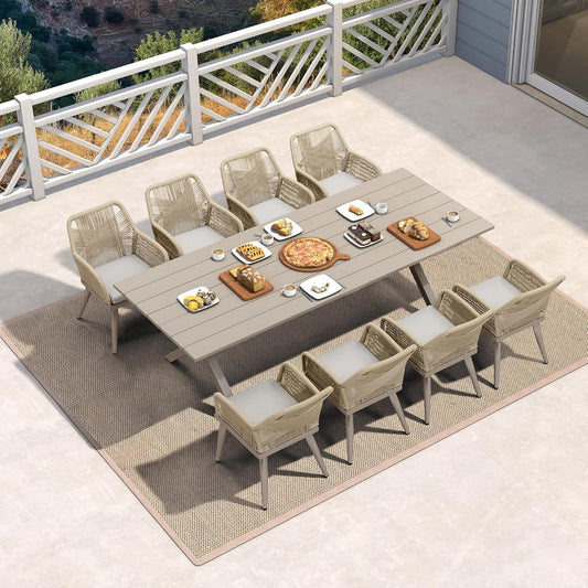 PURPLE LEAF Outdoor Patio Dining Set All-Weather PE Rattan Furniture Set with All Aluminum Frame Rectangular 9 Pieces Table and Chairs Set for 8 People Lawn Garden Backyard Deck, Champagne