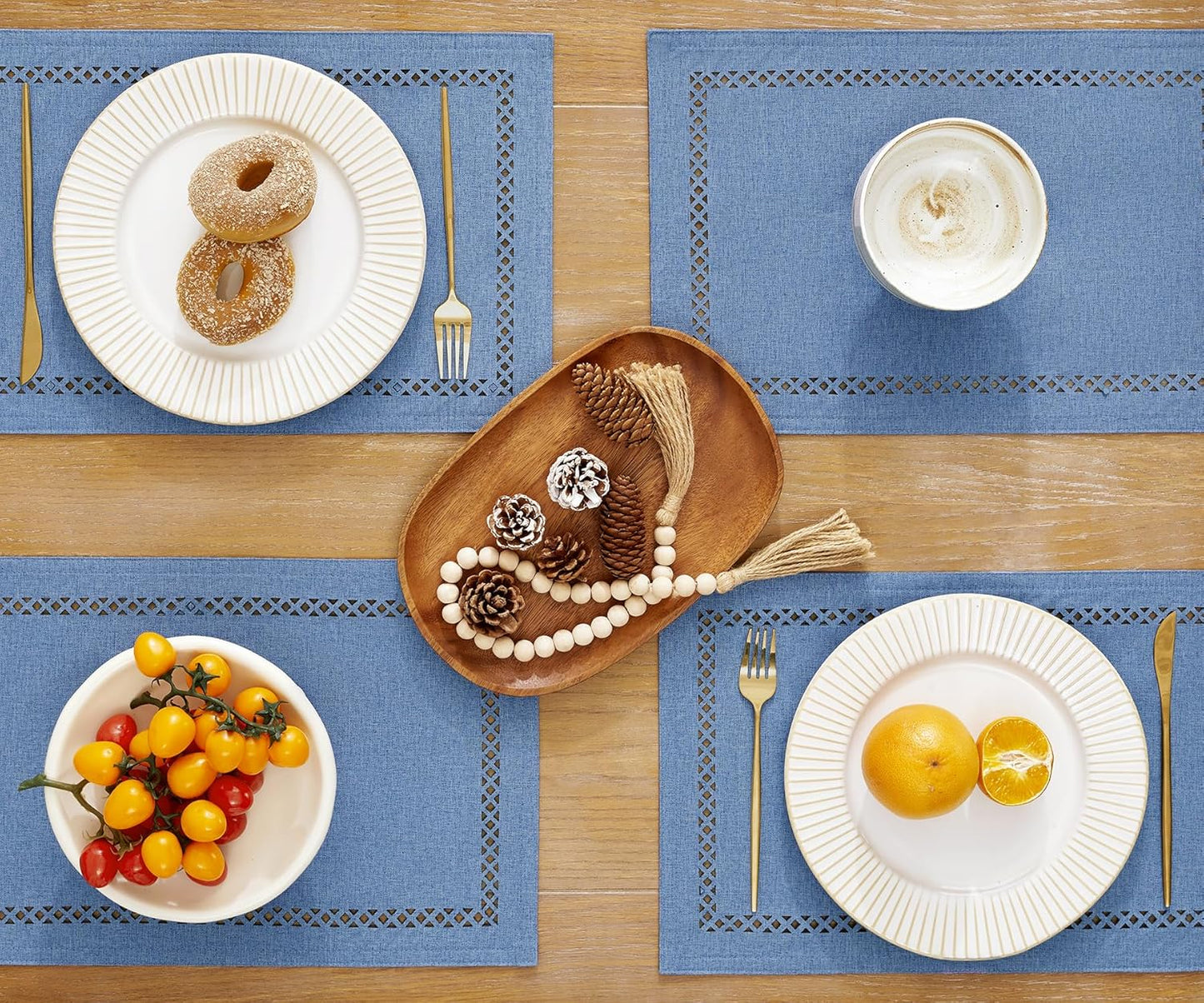 Burlap Placemats Set of 4, 12 x 18 Inch Rustic Geometric Hollow Place Mats, Heat Resistant Placemats for Farmhouse Kitchen Table Decor, Blue 4PCS