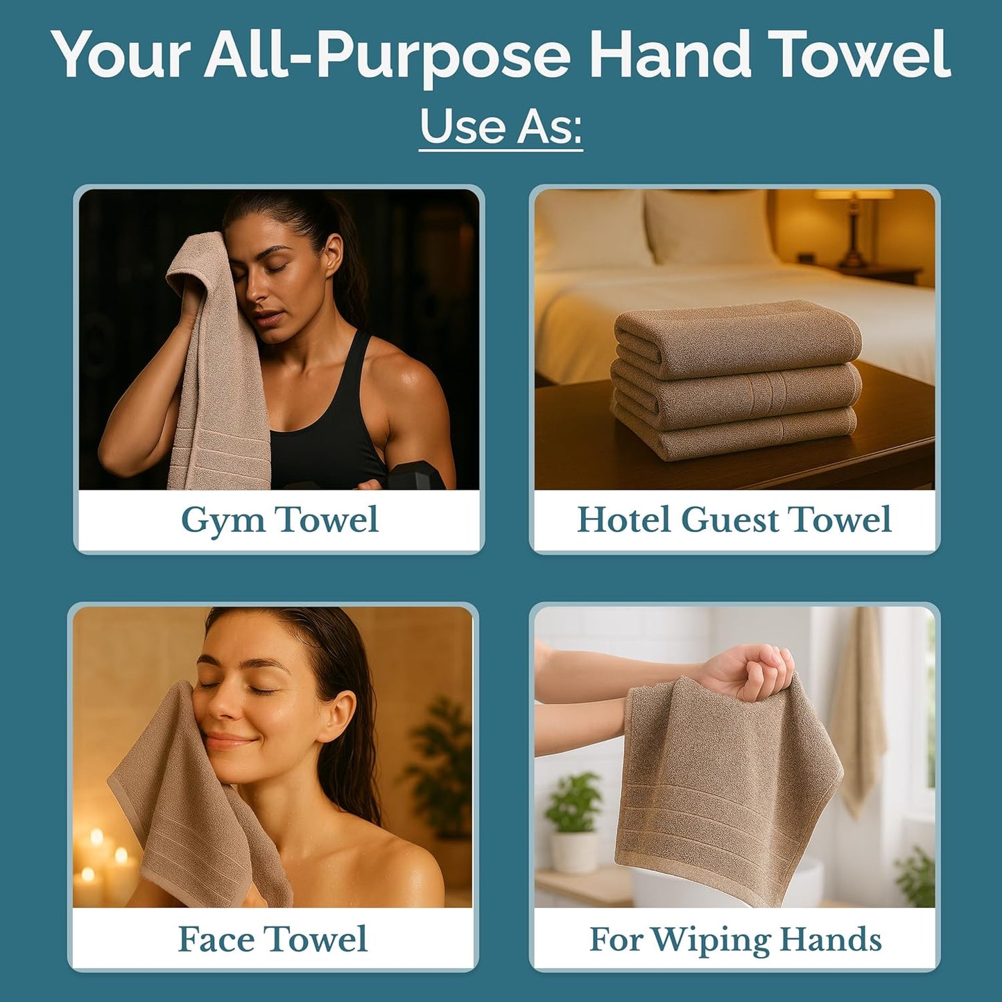 Casa Platino 4 Pack 100% Cotton Hand Towels (16"x28") - Ring Spun - Quick Dry, Soft & Absorbent Hand Towels Set of 4 - Hotel, Spa, Beauty, Gym, Bathroom - Remains Soft After Multiple Washes - Taupe