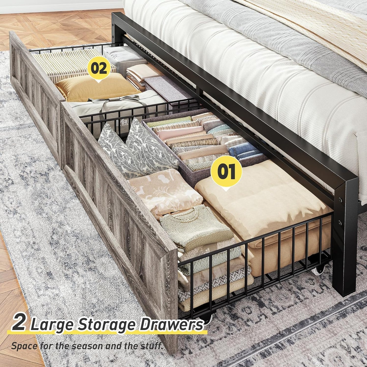 EnHomee King Size Bed Frame with 2 Storage Drawers, King Bed Frame with Wooden Headboard and Strong Metal Support,LED Lights and Charging Station,Farmhouse,NO Noise,No Box Spring Needed,Grey