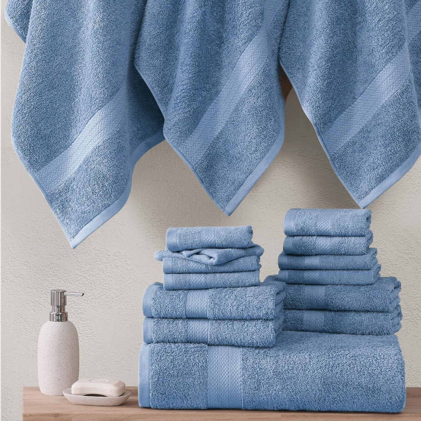 LANE LINEN 100% Cotton Premium Bathroom Towels Set - 16 Pieces - Ring Spun, Quick Dry, Super Soft & Highly Absorbent - 4 Bath, 8 Washcloths, 4 Hand Towels for Bathroom - Pre Shrunk - Cerulean Blue