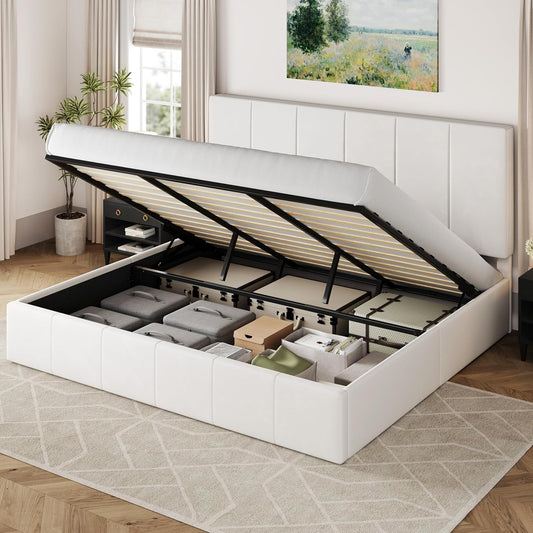 Allewie King Size Velvet Lift Up Storage Bed Frame, Vertical Channel Tufted Headboard, Hydrualic Underneath Storage, Upholstered Platform Bed, Wooden Slats Support, No Box Spring Needed, White