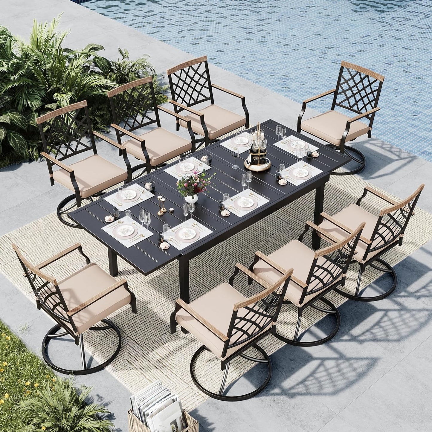 MFSTUDIO Patio Dining Set for 8, Outdoor Dining Set with Expandable Table, 9 Piece Metal Patio Table and Chairs Set, Patio Furniture Set for Deck Backyard Poolside Garden