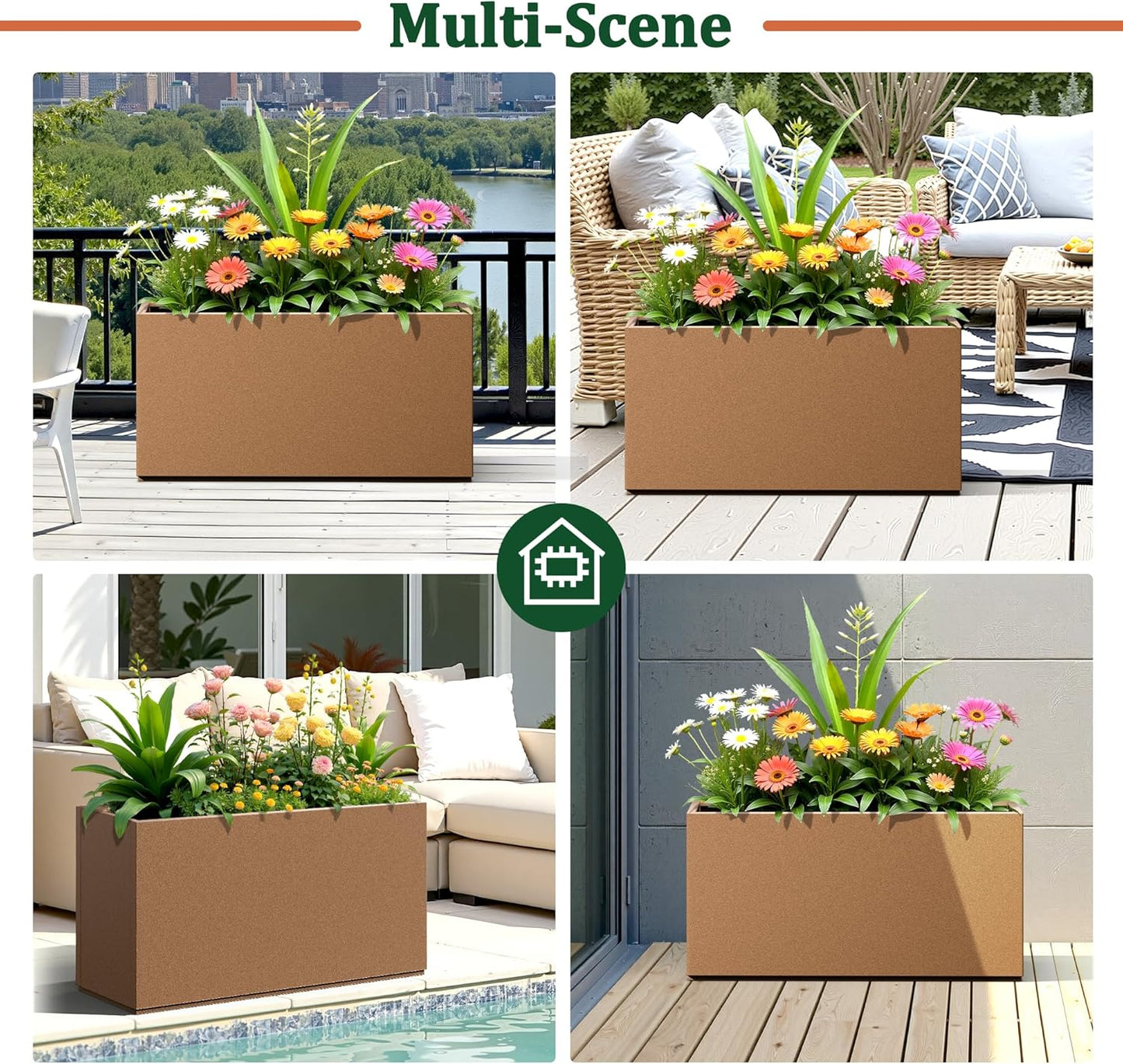 Large Rectangle Planter Metal Brown Planter Box with a Drainage Hole and a Removable Divider Indoor Outdoor Porch Pots for Tall Plants, Trees, Flowers 32.01"x 10" x 16.26" Brown