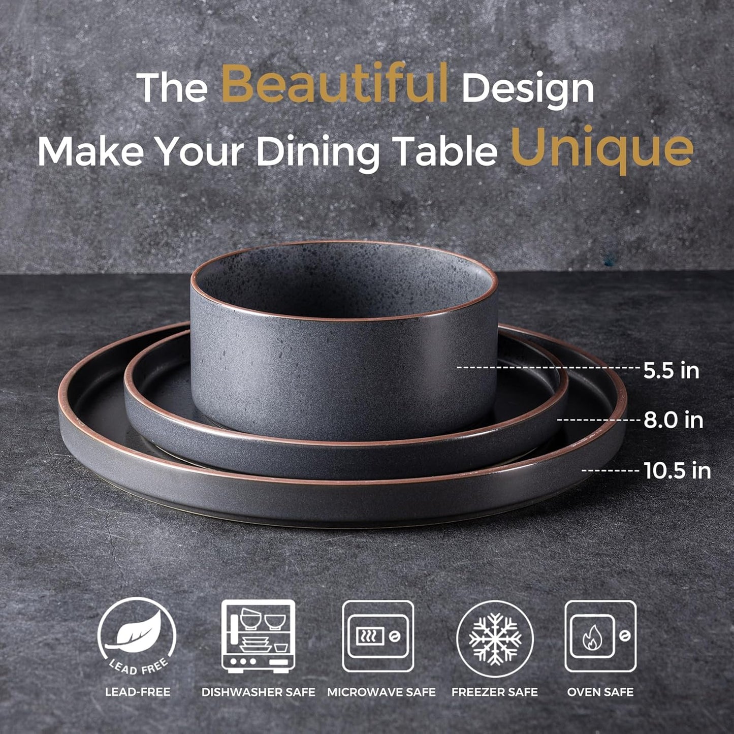 LERATIO Ceramic Dinnerware Sets of 4, High Edge Stoneware Plates and Bowls Set, Chip and Crack Resistant | Oven & Dishwasher & Microwave Safe Dishes Set, Service for 4 -Ashen