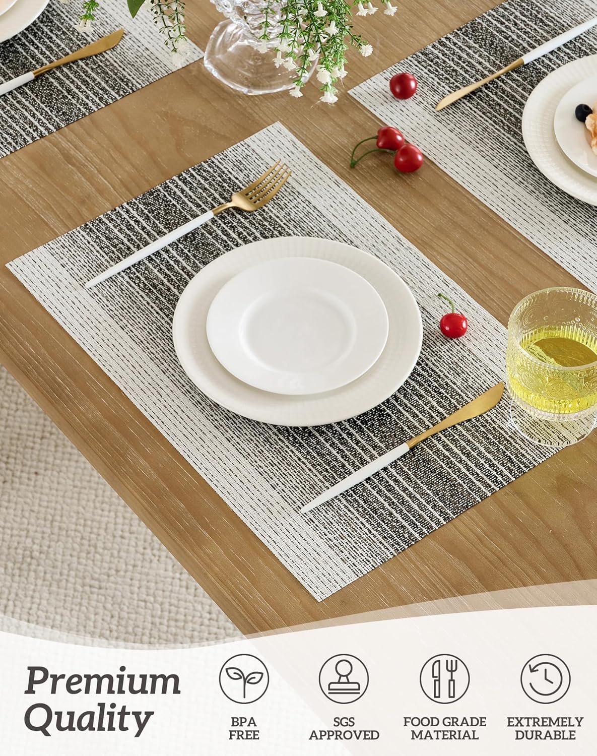Leetaltree Black with White Woven Placemats Set of 12 - Heat Resistant Non-Slip Place mats for Dining Table, Washable Durable PVC Vinyl Woven Table Mats(Black with White, 12)