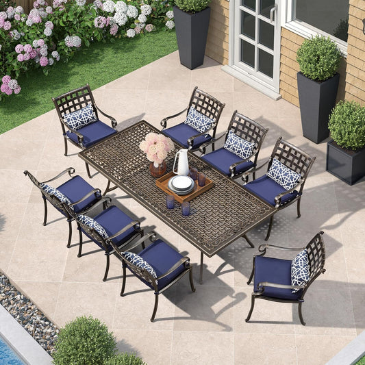 PURPLE LEAF 9 Pieces Patio Dining Sets Cast Aluminum Furniture with Rectangular Table for Lawn Garden Backyard Deck Outdoor Dining Sets with Cushions and Pillows, Lattice Navy Blue