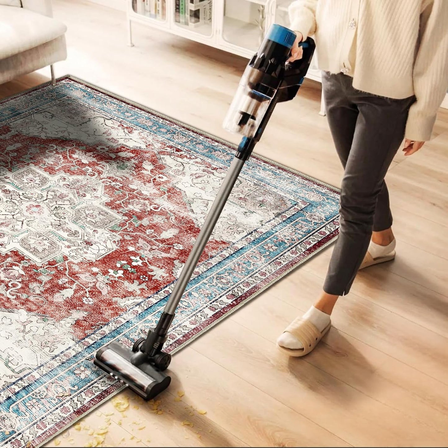 Area Rug 6'x9' Washable Red Blue Rug Vintage Traditional Floor Cover Retro Kitchen Indoor Distressed Non Slip Carpet Floral Print Mat Living Room Bedroom Dining Room