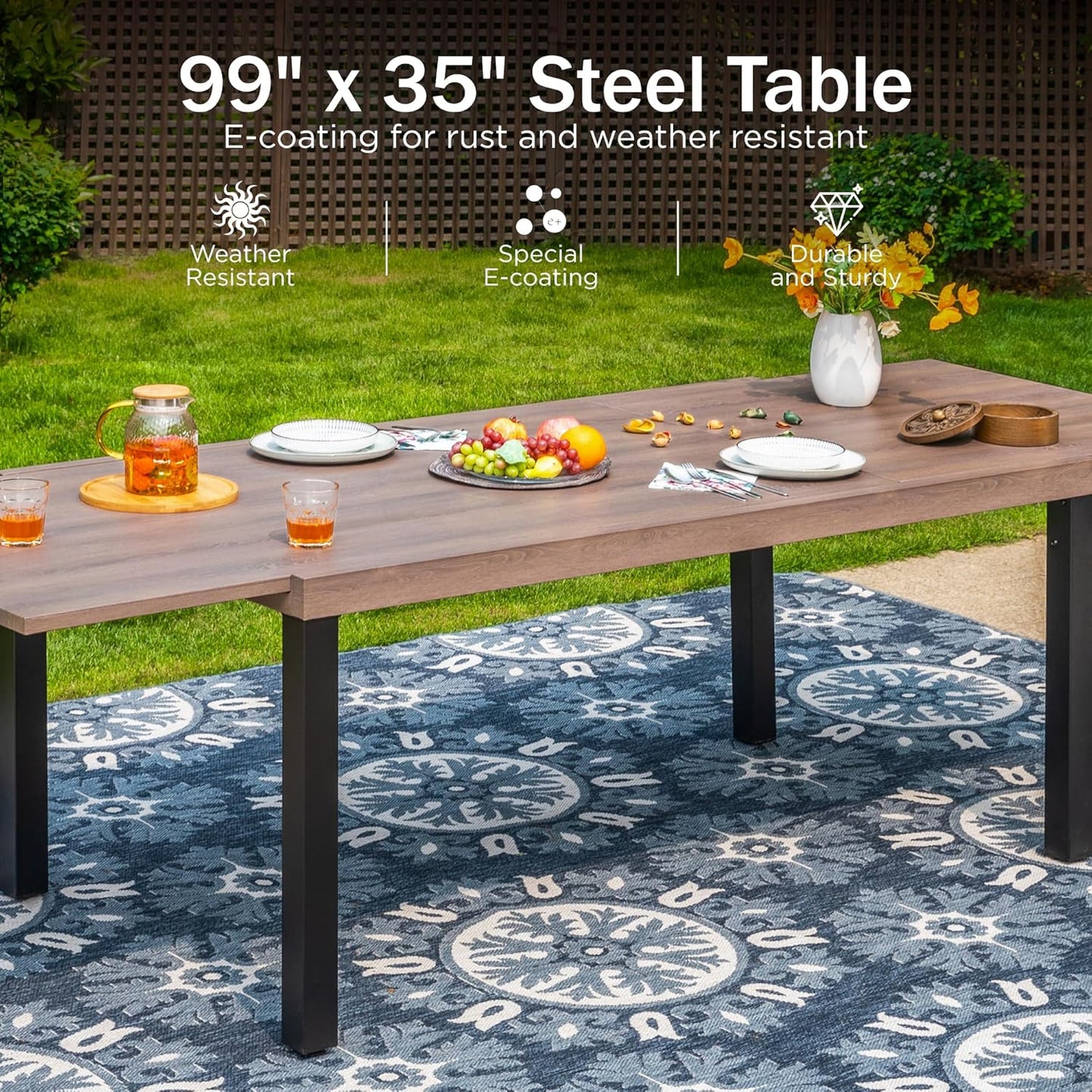 PHI VILLA 7 Pieces Outdoor Dining Set for 6, Expandable Wood-Like Metal Table & Wrought Iron Stacking Chairs, Large Long Dining Furniture for Patio, Deck, Backyard, Porch