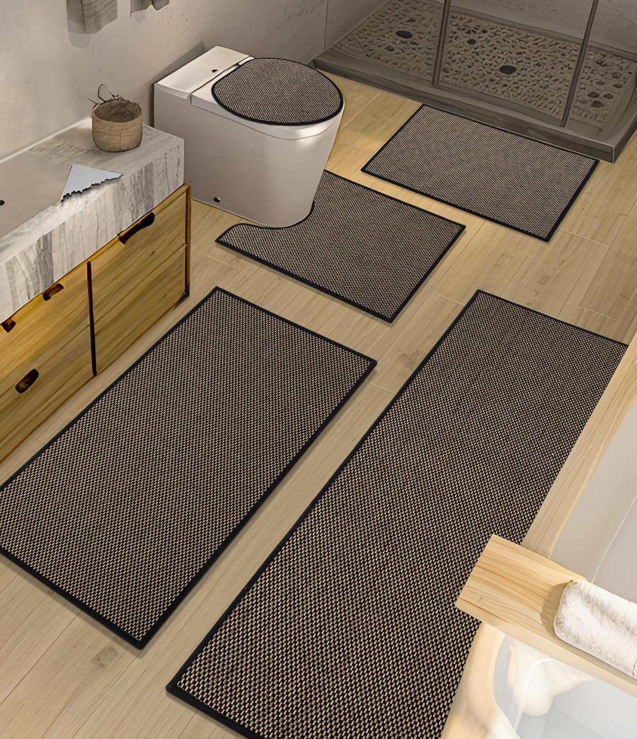 YIHOUSE Bathroom Rugs Sets 5 Pieces, Black Ultra Thin Bath Mats Fit Under Door, Absorbent Quickly Dry Rubber Backing Braided Bath Mat Set, Non Slip Washable Bath Rugs for Bathroom Floor, Black