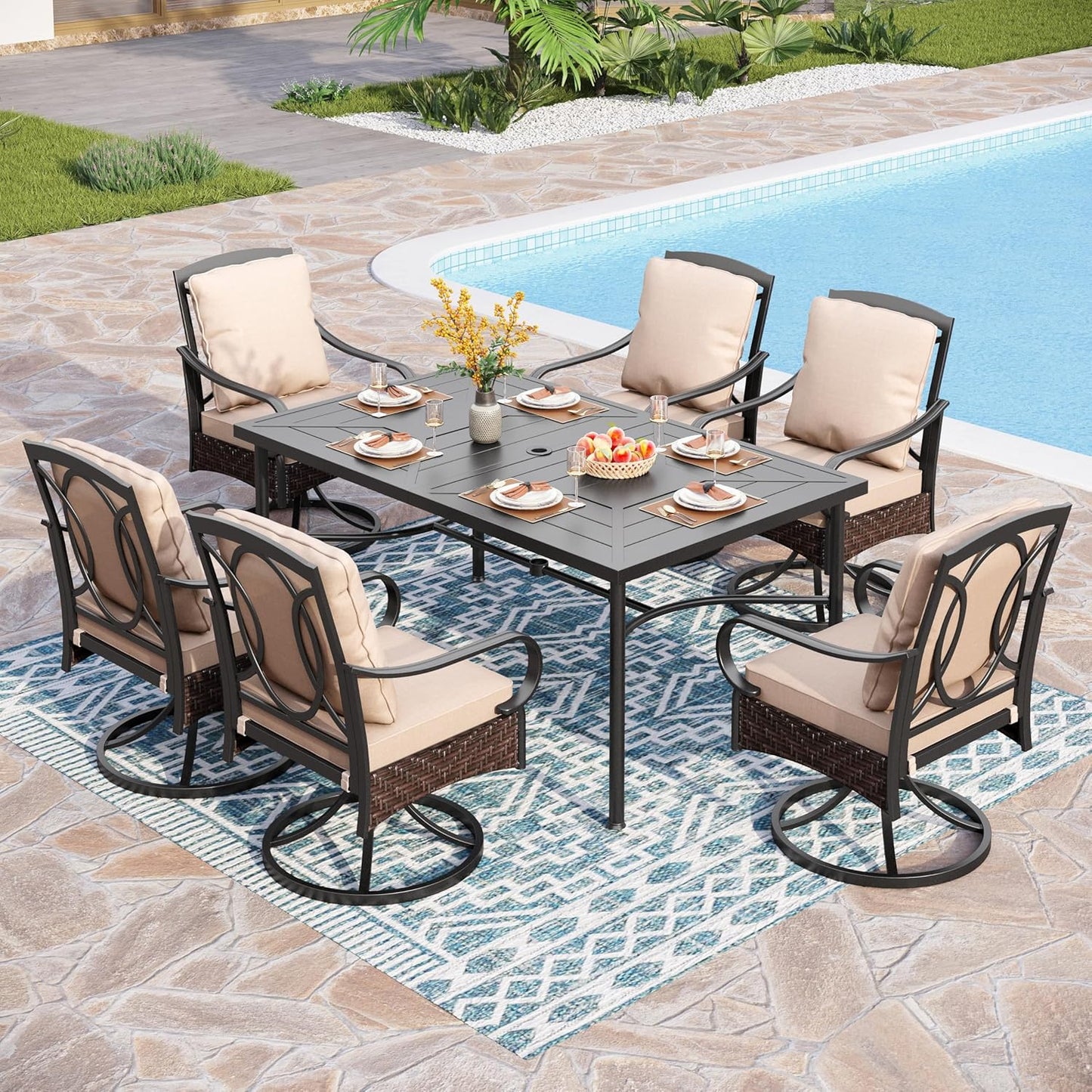 PHI VILLA 7 PCS Outdoor Dining Sets, All-Weather Patio Table and Chairs Set for 6, Heavy Duty Rectangle Patio Table Set for Deck, 6 Extra Large Outdoor Swivel Chairs with Thick Cushions