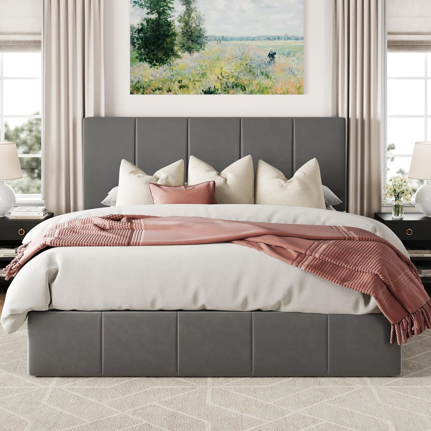 Allewie Full Size Velvet Lift Up Storage Bed Frame, Vertical Channel Tufted Headboard, Hydrualic Underneath Storage, Upholstered Platform Bed, Wooden Slats Support, No Box Spring Needed, Gray