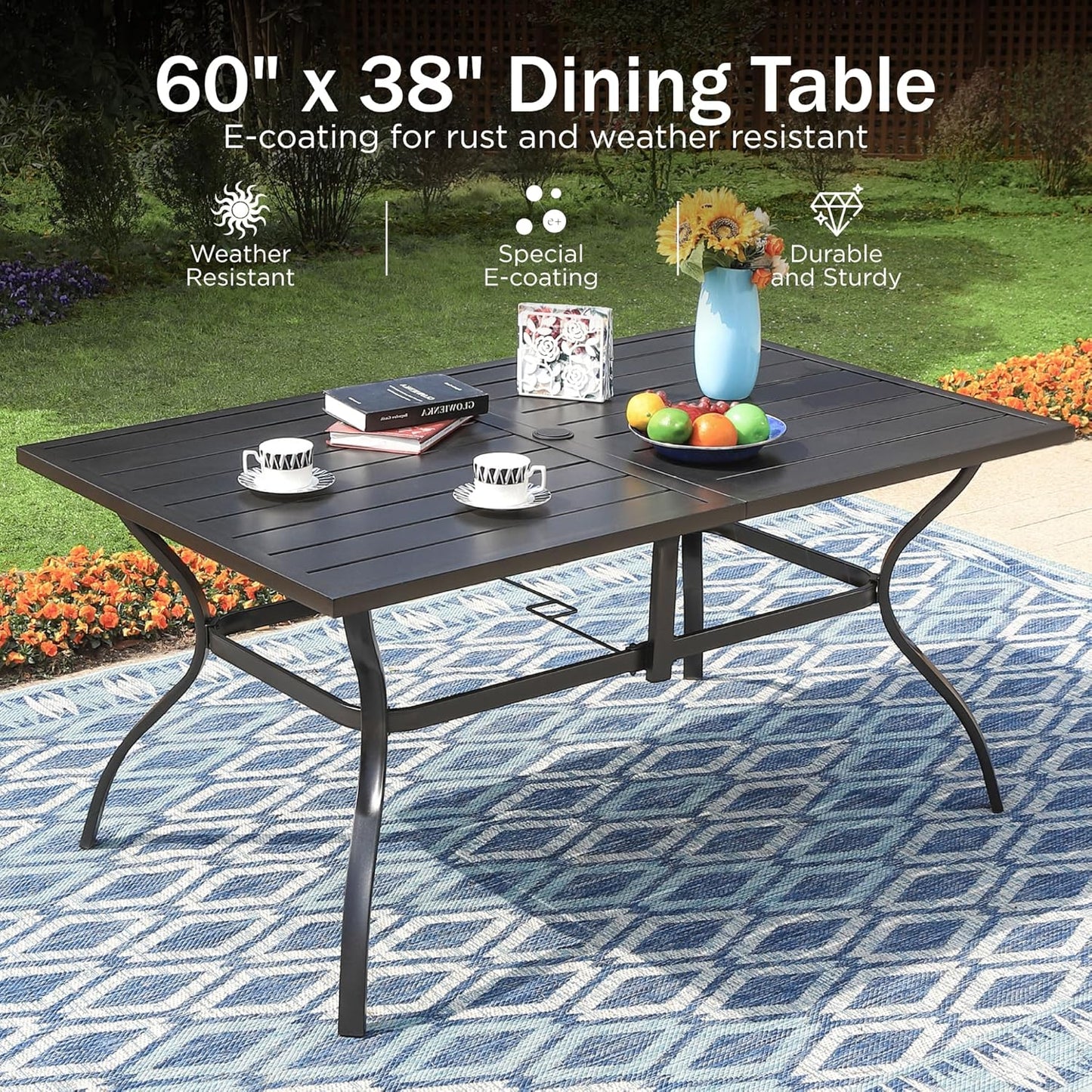 PHI VILLA 7 Pieces Outdoor Dining Set for 6, 60" Rectangle Black Steel Table with Umbrella Hole & Swivel Metal Iron Chairs with Cushions, Modern Furniture for Patio, Deck, Yard, Porch