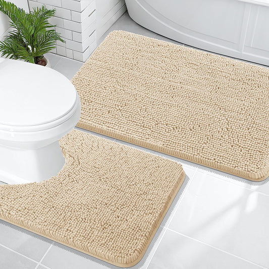 OLANLY Bathroom Rugs Sets 2 Piece, Soft Absorbent Chenille Bath Mats and U-Shaped Contour Toilet Mat Area Rug Set, Machine Washable Bath Carpet, Home Decor Accessories(36"x24"+24"x20", Beige)