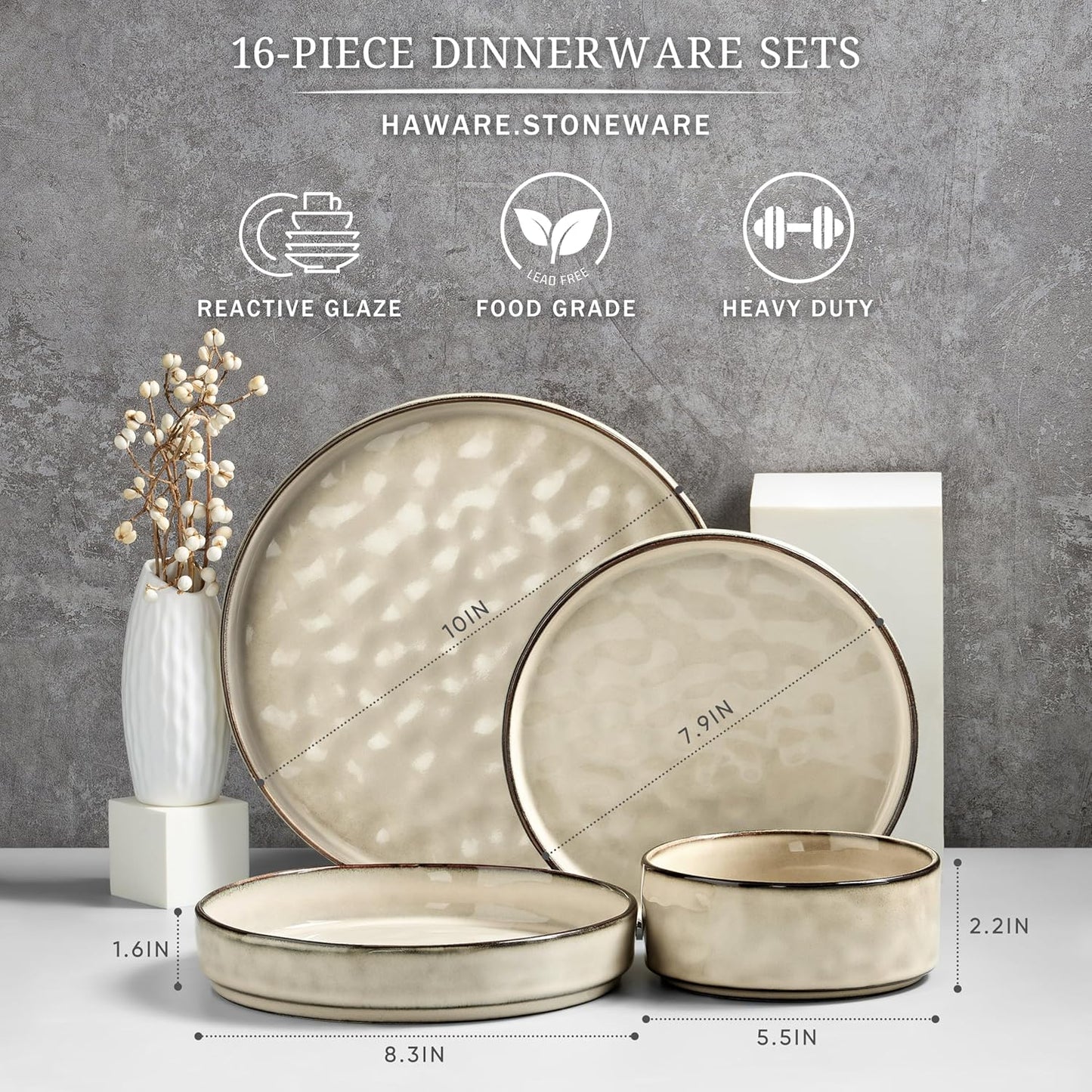 HaWare Dinnerware Sets, 16-Piece Plates and Bowls Set, Stoneware Dish Set for 4, Ceramic Dishware Set for Pasta Cereal, Chip and Scratch Resistant, Microwave and Dishwasher Safe, Saturn Khaki