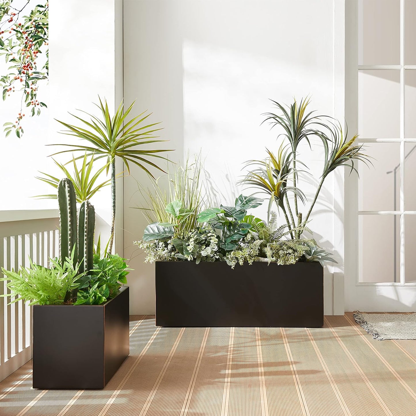 Wallowa Metallic Heavy Long and Large Outdoor/Indoor Planter, Rectangular Trough Planter Box, 38”Lx15”Wx15”H, 40Pounds, Black with Hand Brushed Gold Edge, No Assemble and Seamless