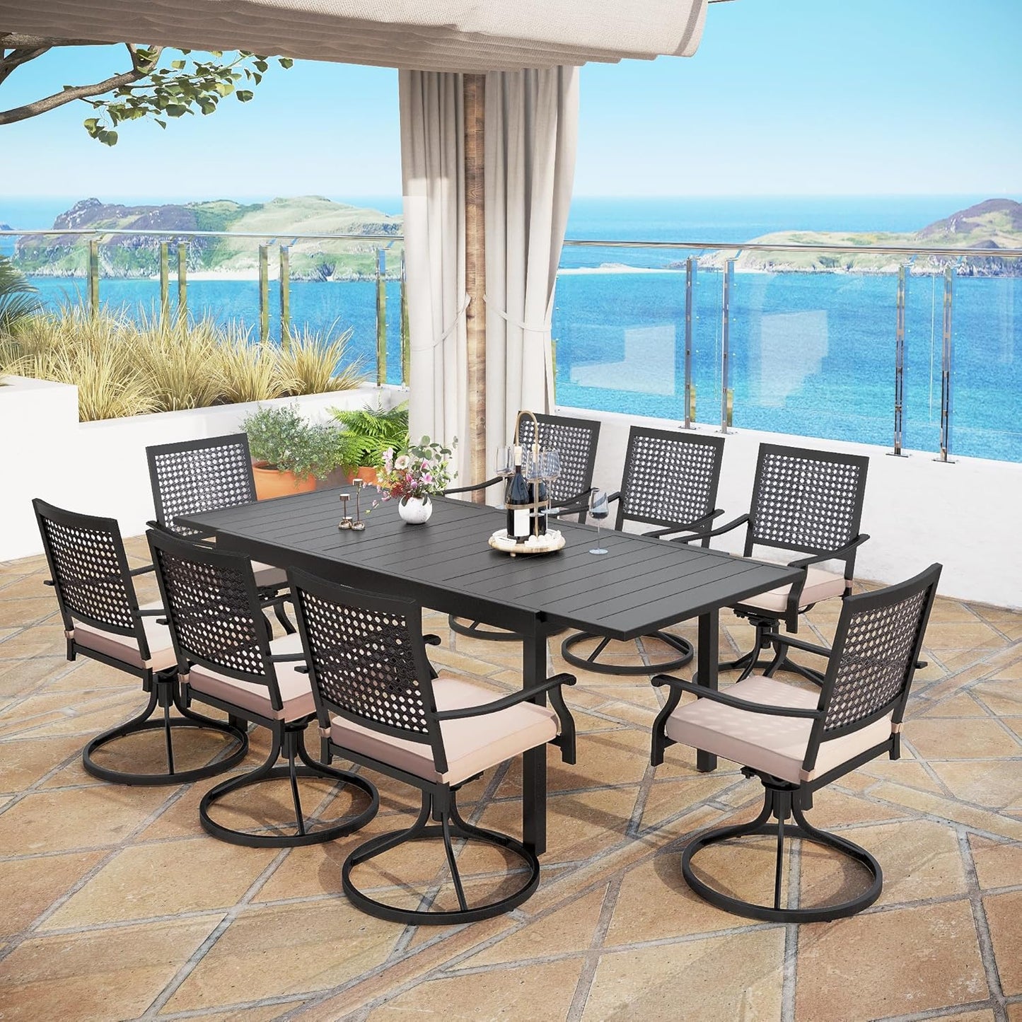 MFSTUDIO Patio Dining Set for 8, Outdoor Dining Set with Swivel Chairs, 9 Piece Metal Outdoor Patio Furniture Set for Deck Backyard Poolside Garden