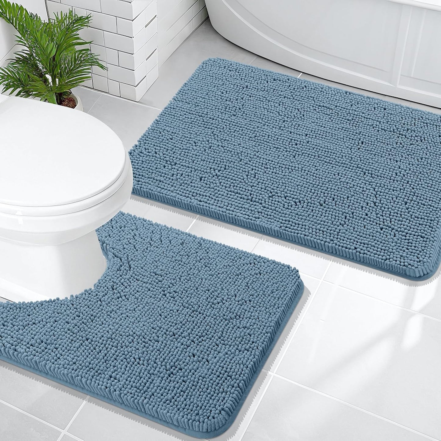 OLANLY Bathroom Rugs Sets 2 Piece, Soft Absorbent Chenille Bath Mats and U-Shaped Contour Toilet Mat Area Rug Set, Machine Washable Bath Carpet, Home Decor Accessories(30"x20"+24"x20", Airy Blue)