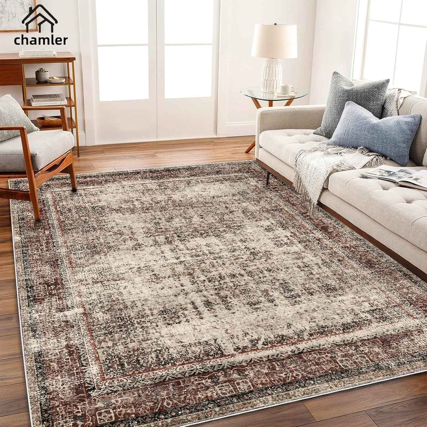10'x14' Washable Area Rug Boho Chic Medallion Distressed Design Non-Shedding Easy Care Ideal for High Traffic Areas in Rug for Living Room Bedroom Office Coffee Table Large Carpet