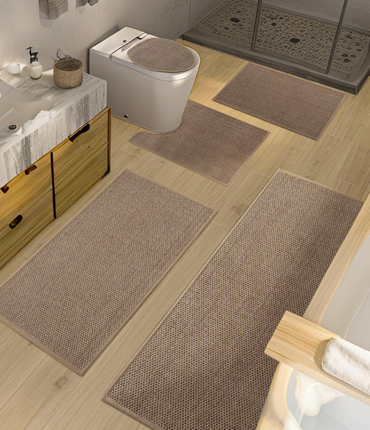 YIHOUSE Bathroom Rugs Sets 5 Pieces, Grey Ultra Thin Bath Mats Fit Under Door, Absorbent Quickly Dry Rubber Backing Braided Bath Mat Set, Non Slip Washable Bath Rug for Bathroom Floor, Grey