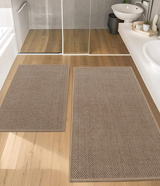YIHOUSE Bathroom Rugs Sets 2 Pieces, Grey Ultra Thin Bath Mats Fit Under Door, Absorbent Quickly Dry Rubber Backing Braided Bath Mat Set, Non Slip Washable Bath Rugs Mat for Bathroom Floor, Grey