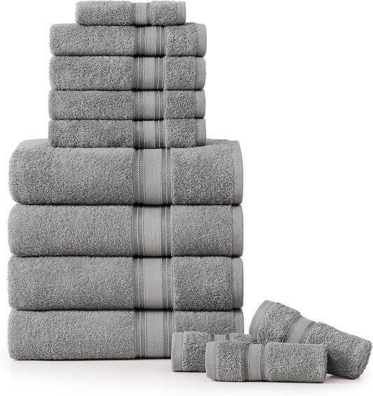 LANE LINEN Luxury Bath Towels Set - 12 Piece (4 Bath Towels, 4 Hand Towels, 4 Washcloths), 100% Cotton, Zero Twist, Super Soft & Extra Absorbent - Space Grey
