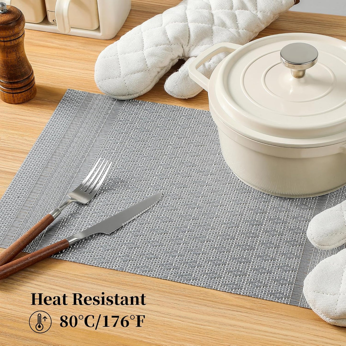 Leetaltree Lunar Grey Placemats Set of 12 - Heat Resistant Non-Slip Place mats for Dining Table, Washable Durable PVC Vinyl Woven Table Mats（Lunar Grey, 12）