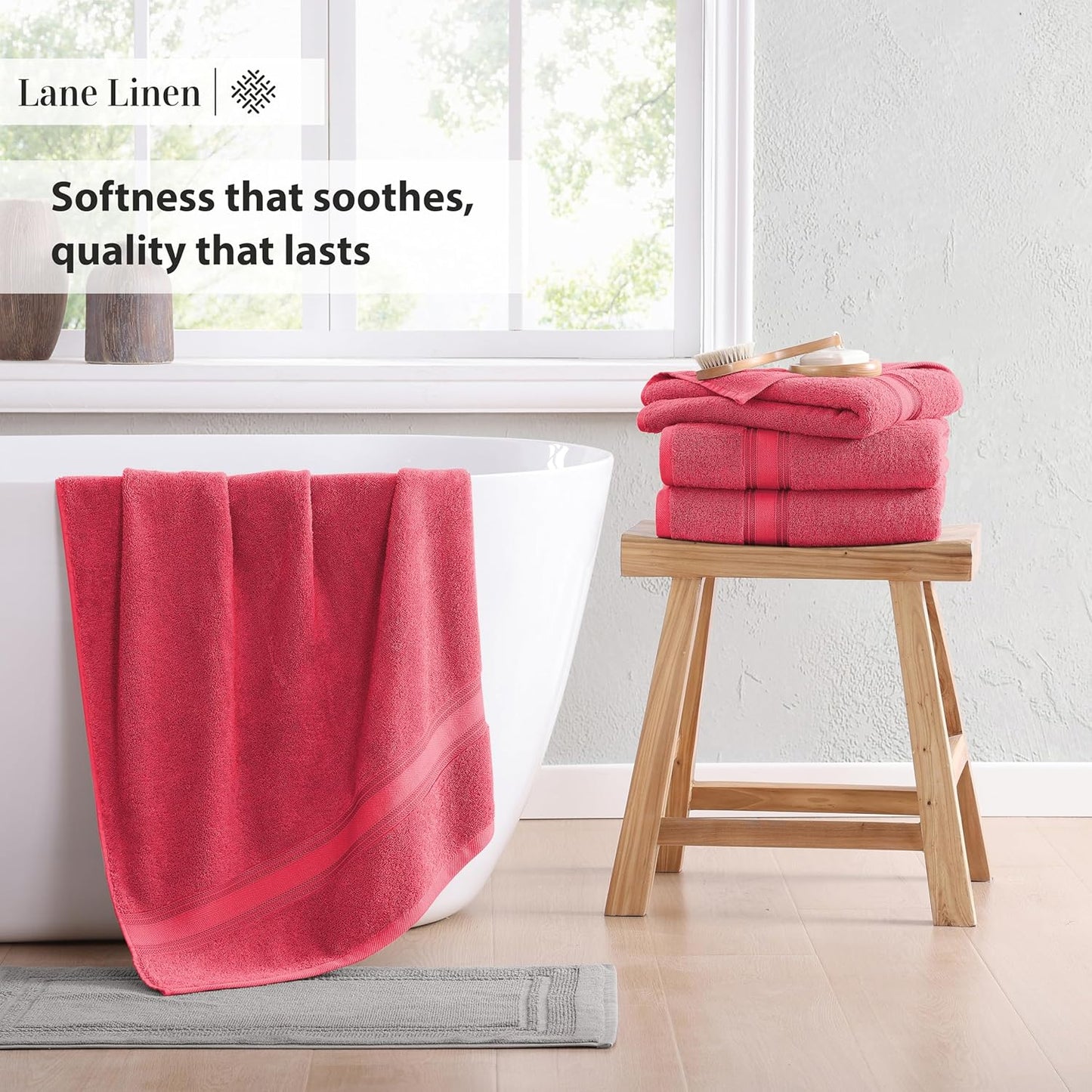 Lane Linen 100% Cotton Large Bath Towels Set of 4 (28"x54") - Zero Twist, Mercerized Cotton Bathroom Towel Sets - Quick Dry, Soft & Absorbent Large Towels Set - Dorm Essentials for Girls - Honeysuckle