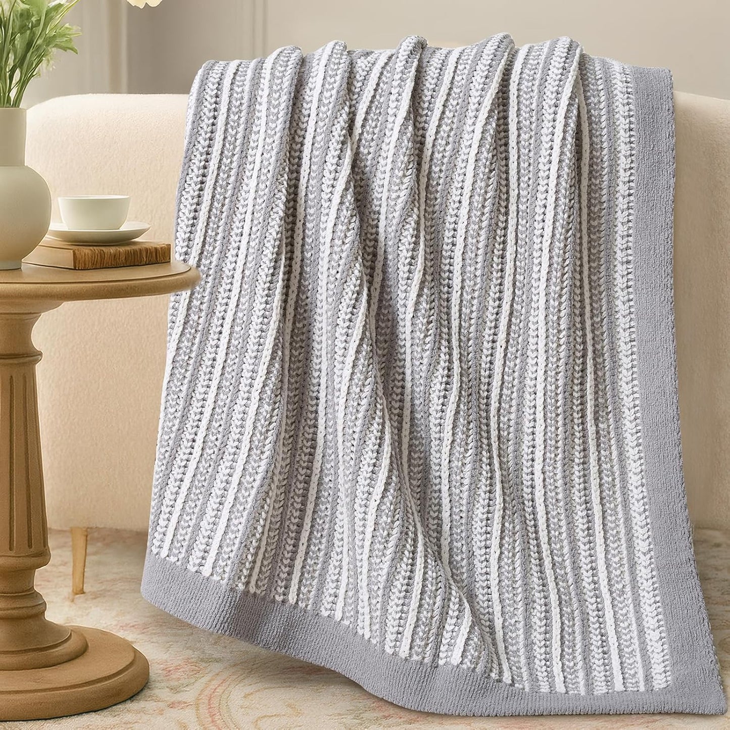 Amélie Home Striped Knit Throw Blanket for Couch, Dual-Sided Soft Chenille Decorative Blankets for Sofa & Chair, 50"x60", Gray & White