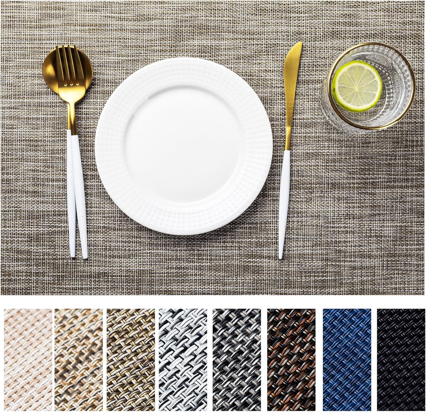 LEXMORE PlaceMats Set of 12 Vinyl/Plastic Woven Place Mats for Kitchen Table Indoor/Outdoor Washable PlaceMat Wipeable Dining Table Mats(Cappuccino)